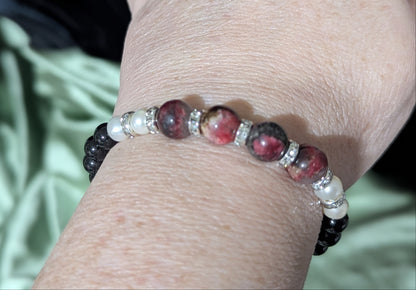 Thulite Bracelet with Black Tourmaline and Pearls