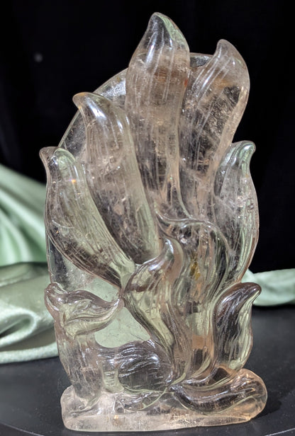 Smoky Quartz Nine Tailed Fox Carving With Garden Quartz Inclusion