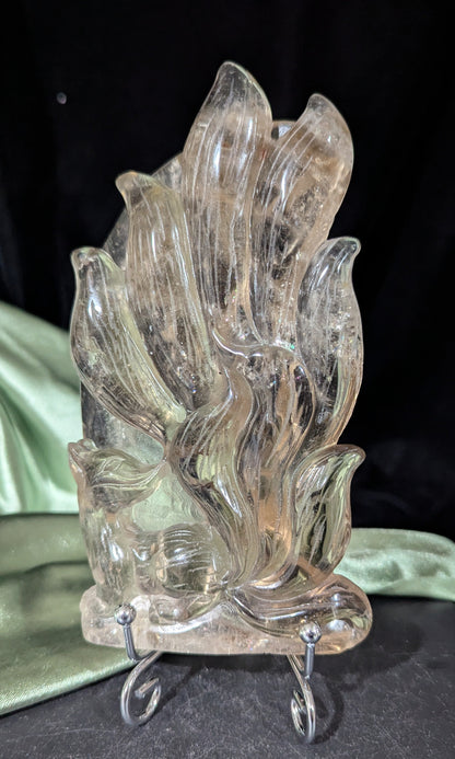 Smoky Quartz Nine Tailed Fox Carving With Garden Quartz Inclusion