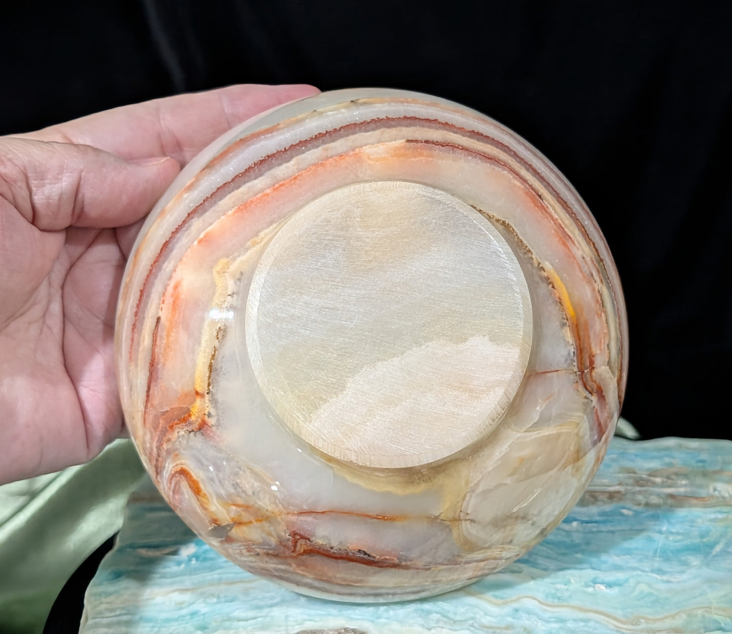 5" Carved Natural Peach Banded Calcite Bowl