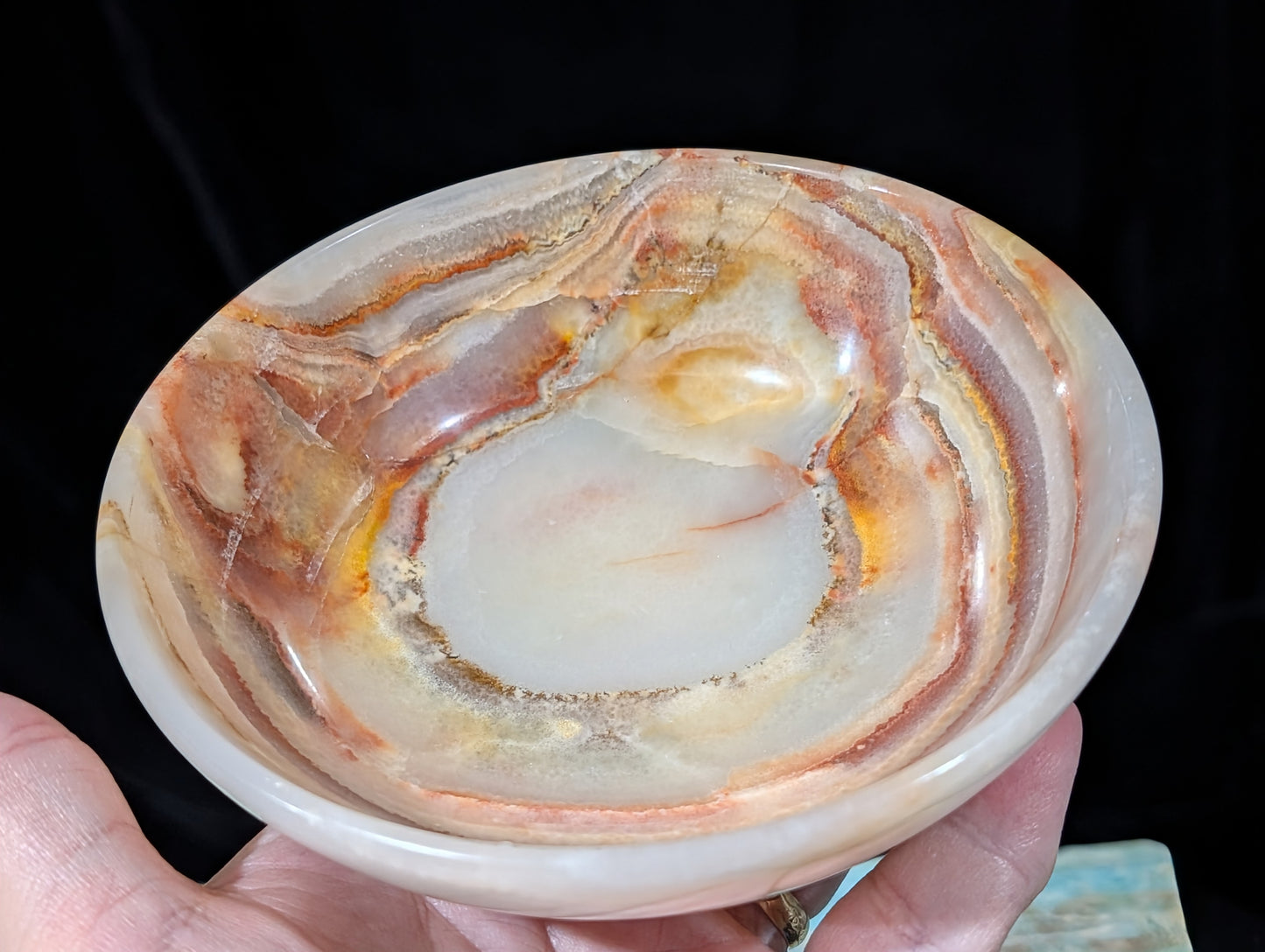 5" Carved Natural Peach Banded Calcite Bowl