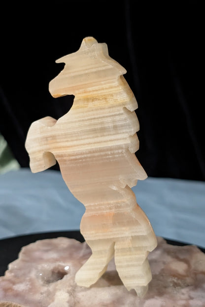 Peach Banded Onyx Rearing Horse Figurine