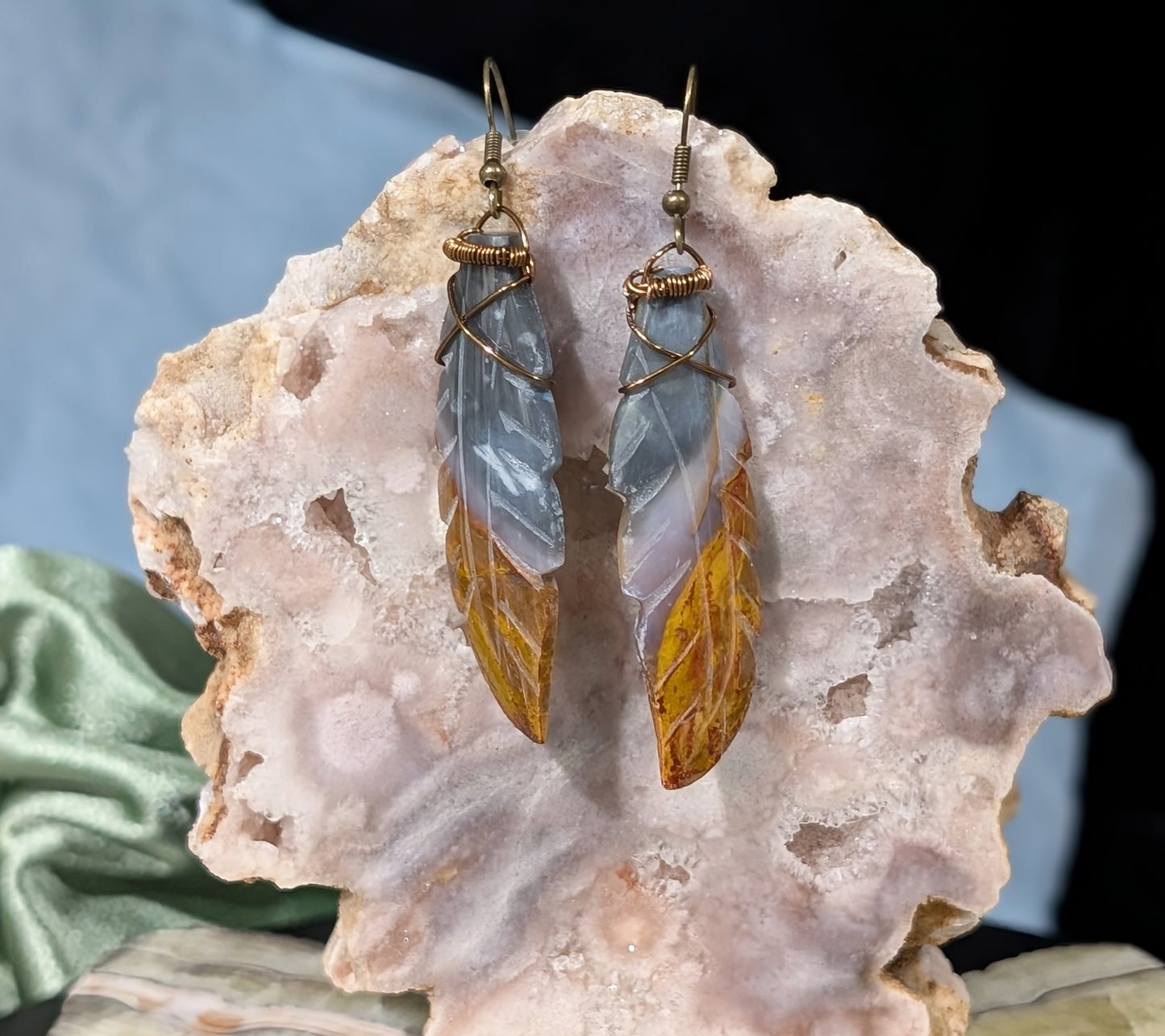 Petrified Wood Feather Dangle Earrings