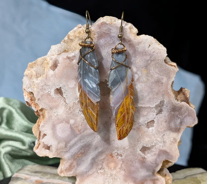 Petrified Wood Feather Dangle Earrings