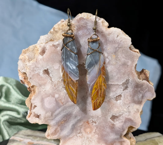 Petrified Wood Feather Dangle Earrings