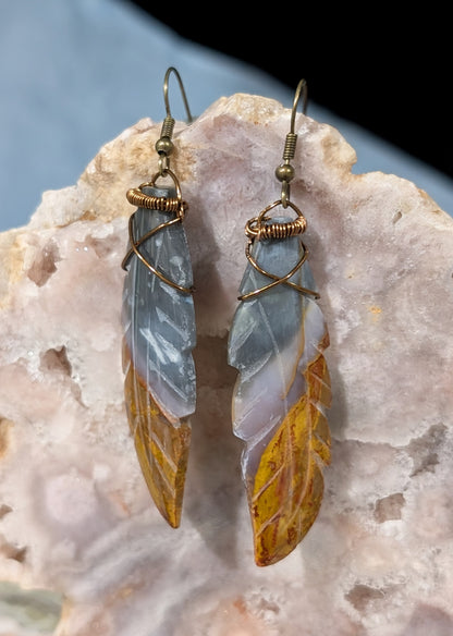 Petrified Wood Feather Dangle Earrings