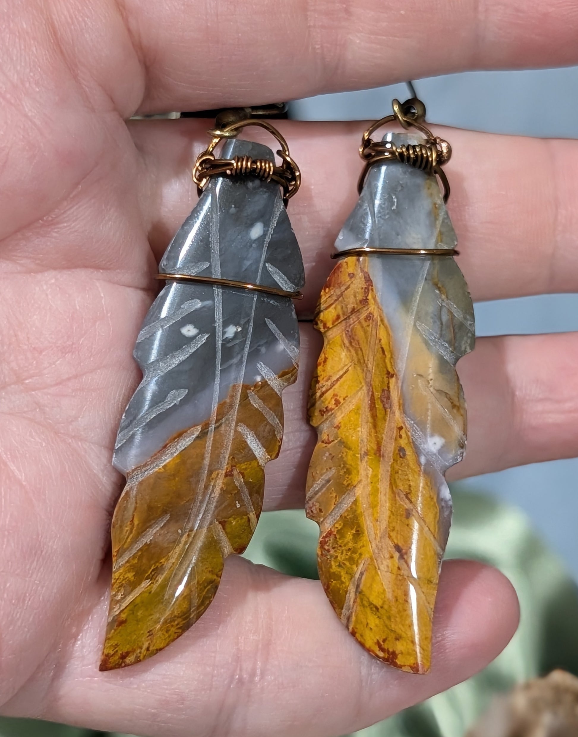 Petrified Wood Feather Dangle Earrings
