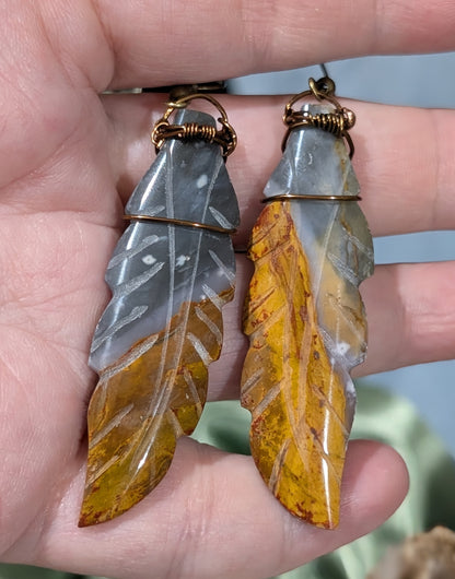 Petrified Wood Feather Dangle Earrings