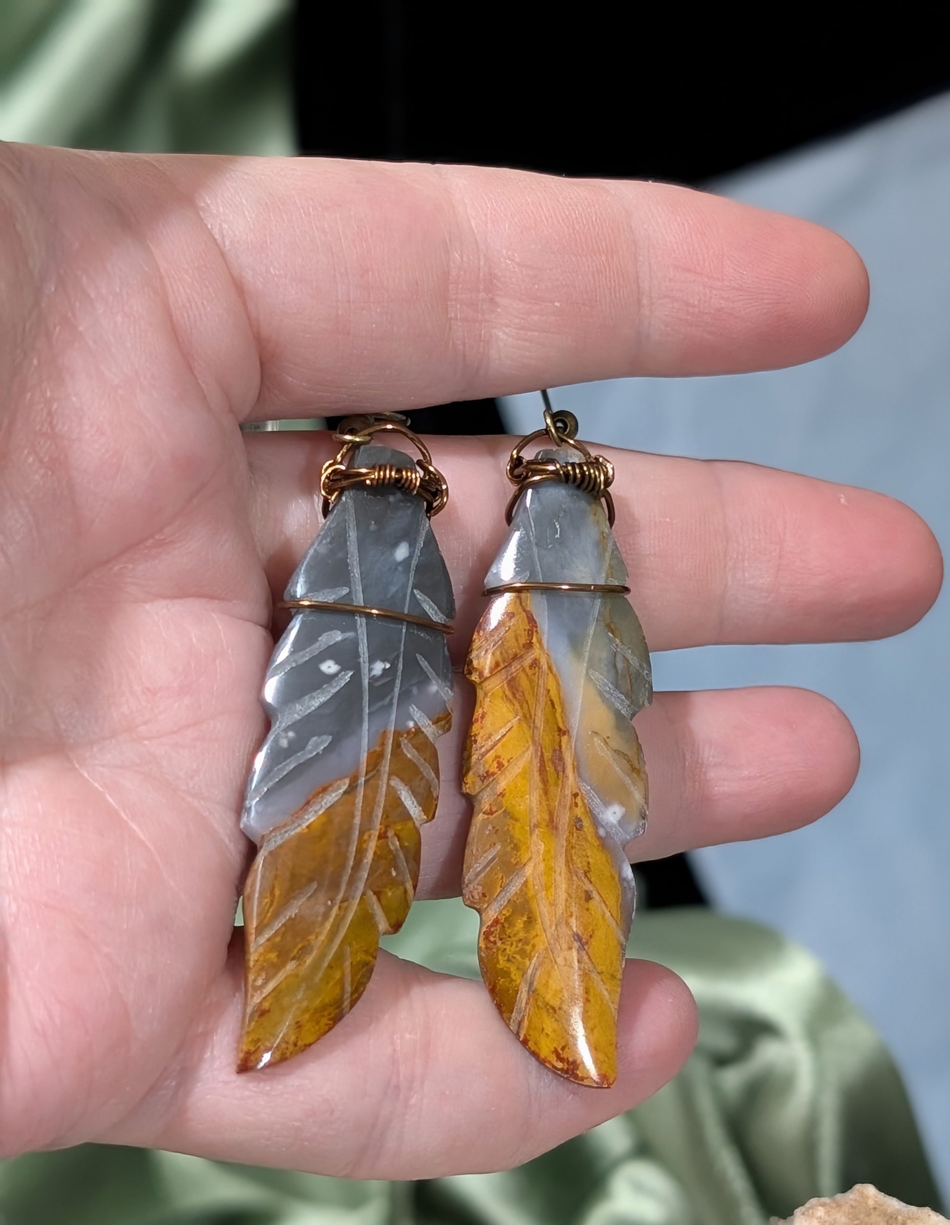 Petrified Wood Feather Dangle Earrings