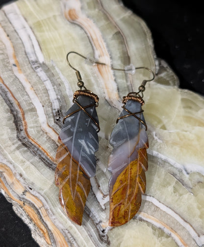 Petrified Wood Feather Dangle Earrings