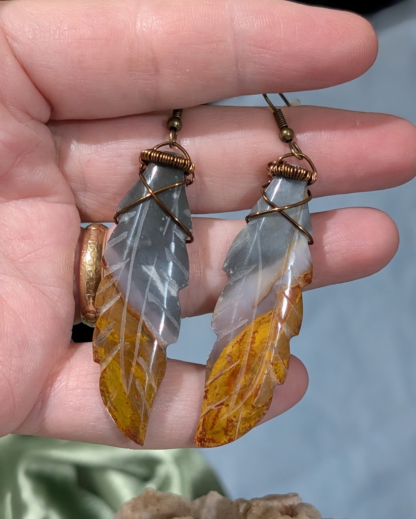 Petrified Wood Feather Dangle Earrings