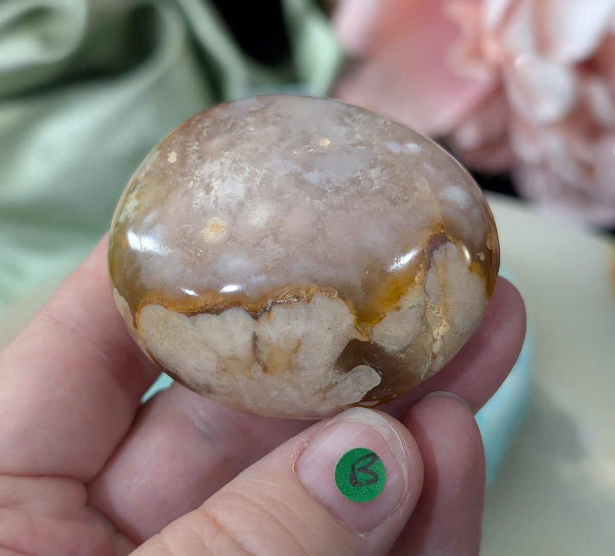 Pink Flower Agate Palm Stone