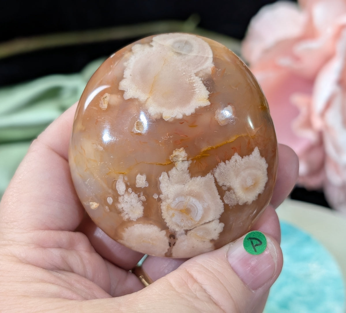 Pink Flower Agate Palm Stone
