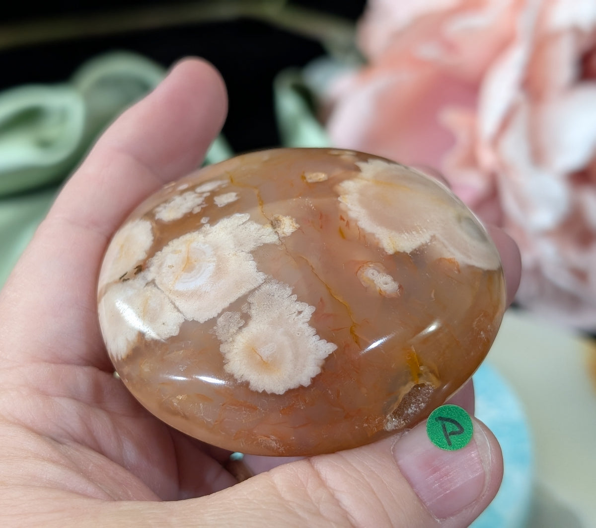 Pink Flower Agate Palm Stone