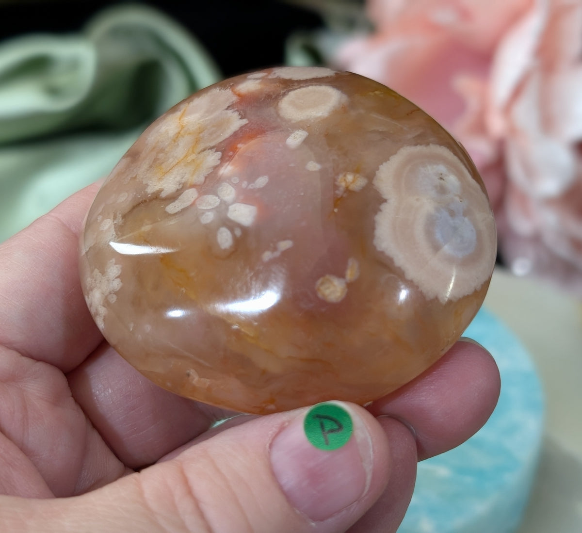 Pink Flower Agate Palm Stone