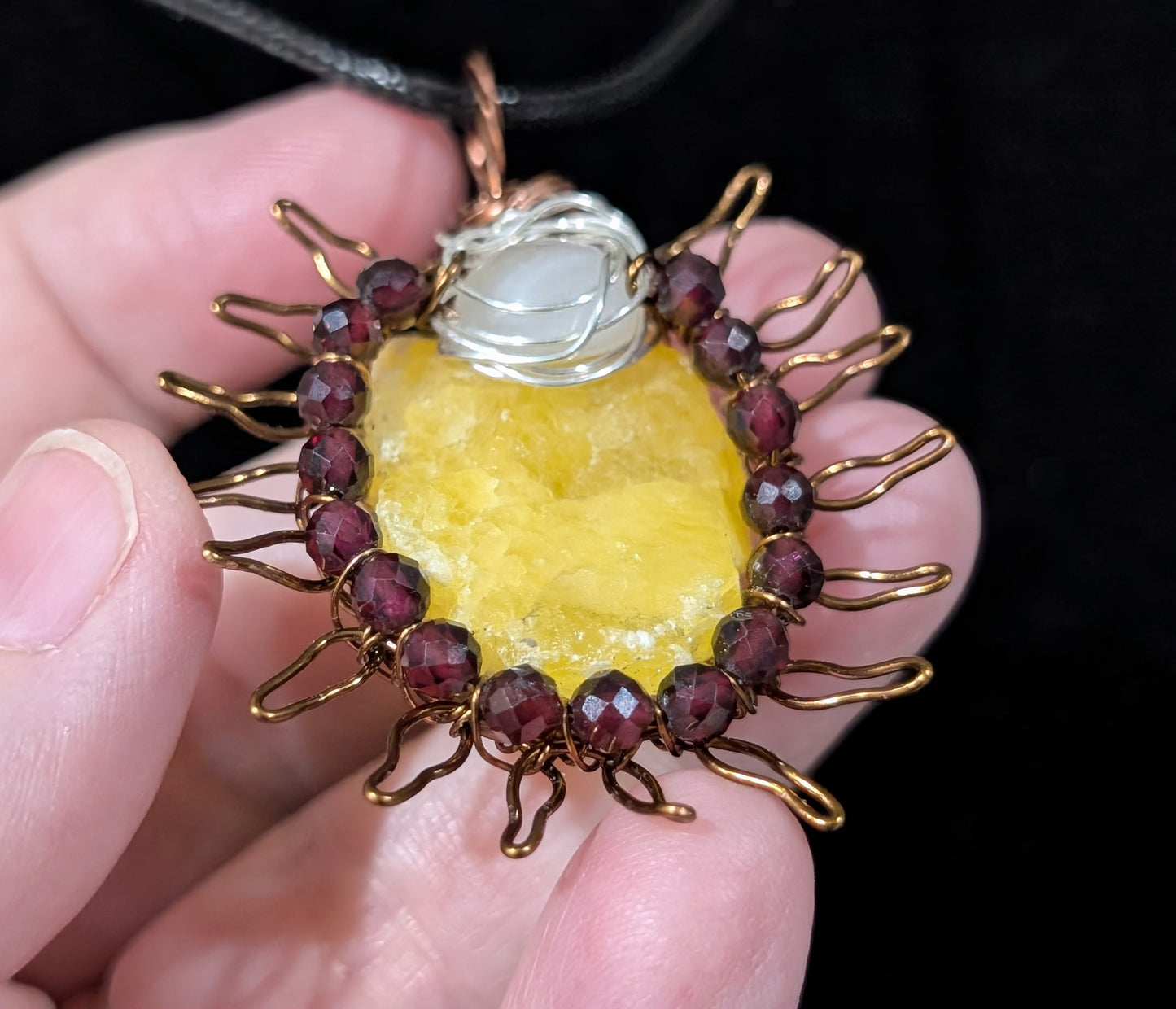Raw Brucite Sun and Moonstone Pendant