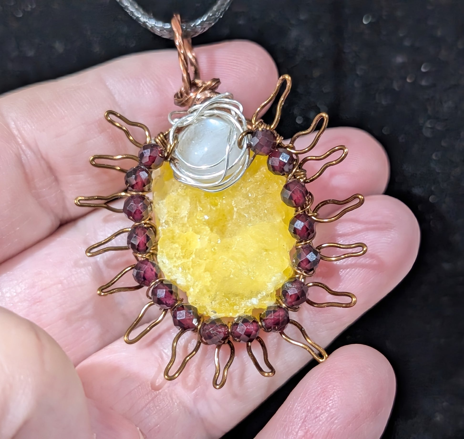 Raw Brucite Sun and Moonstone Pendant