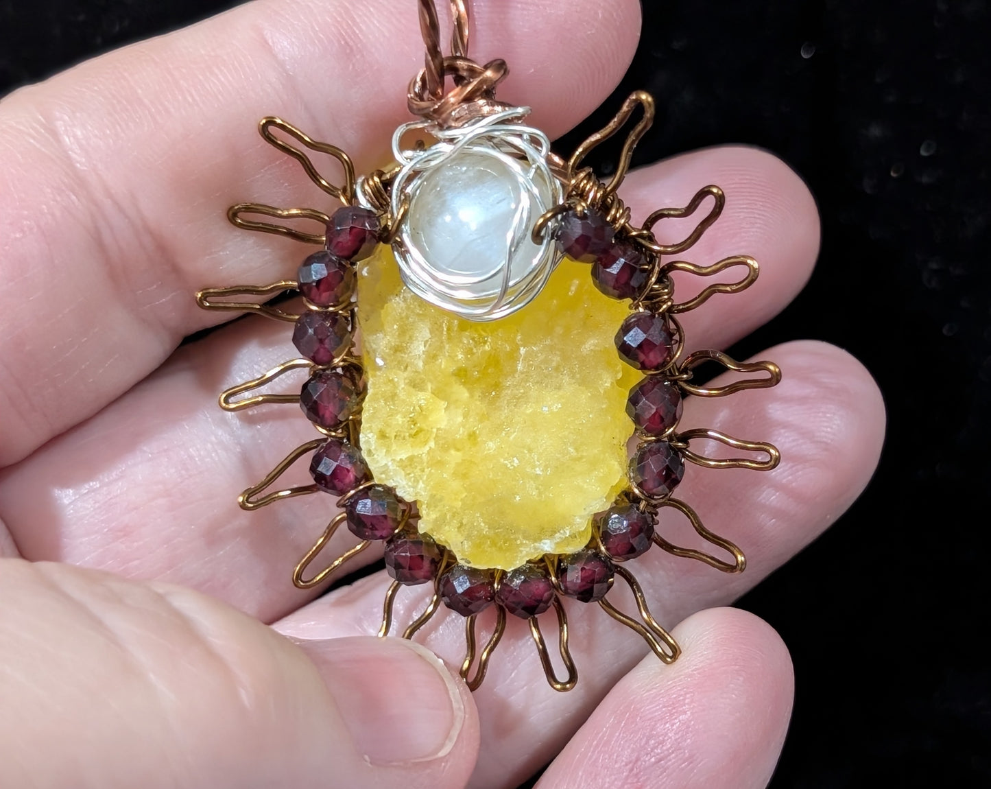 Raw Brucite Sun and Moonstone Pendant
