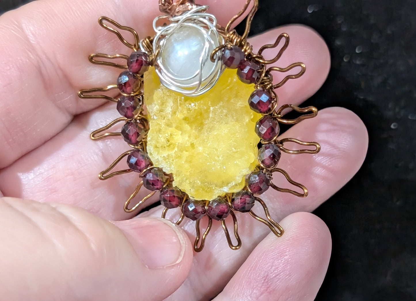 Raw Brucite Sun and Moonstone Pendant