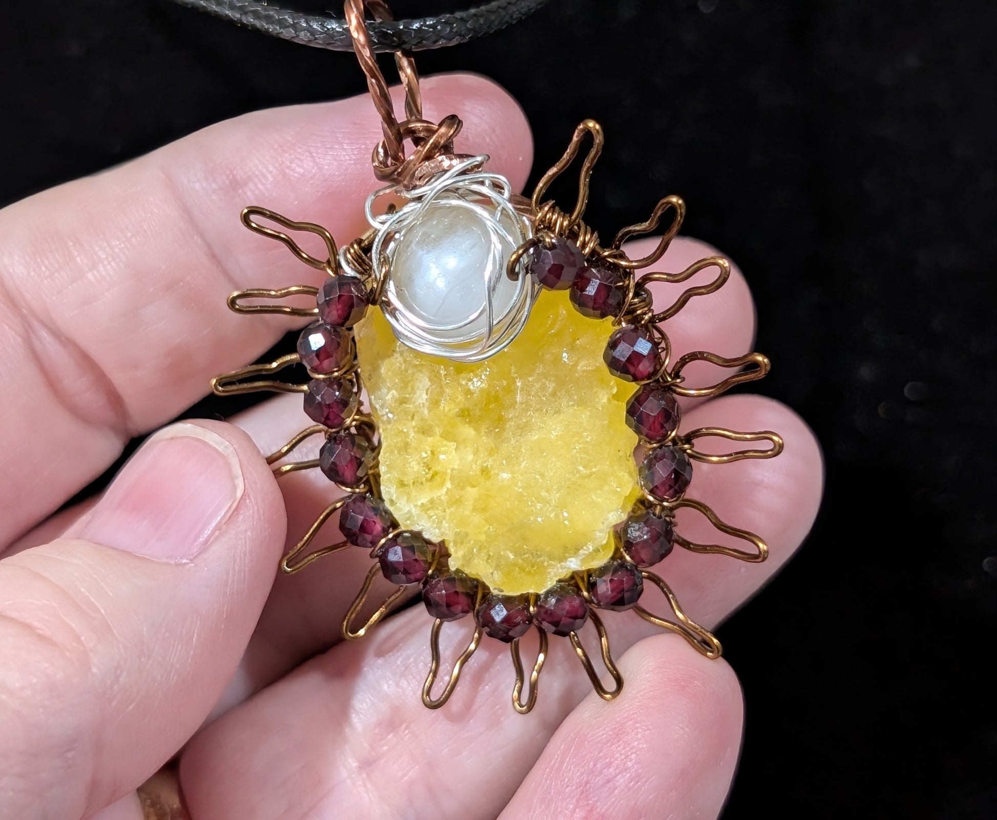 Raw Brucite Sun and Moonstone Pendant