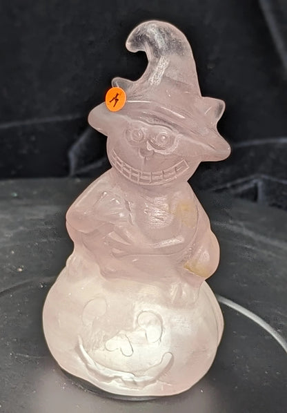 Rose Quartz Witch Cat on Pumpkin Figurine