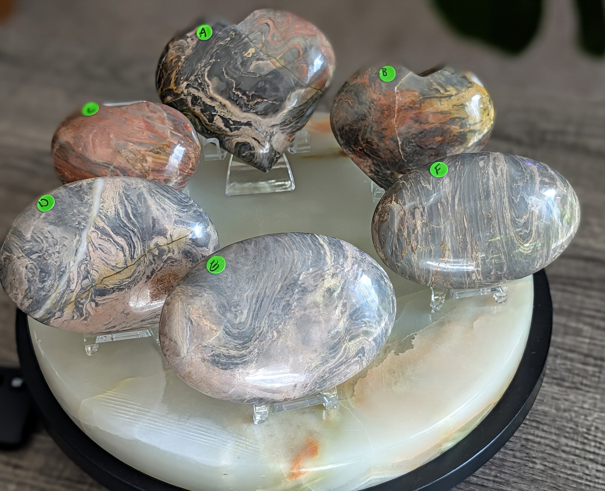 Silver Leaf Jasper Hearts and Palm Stones
