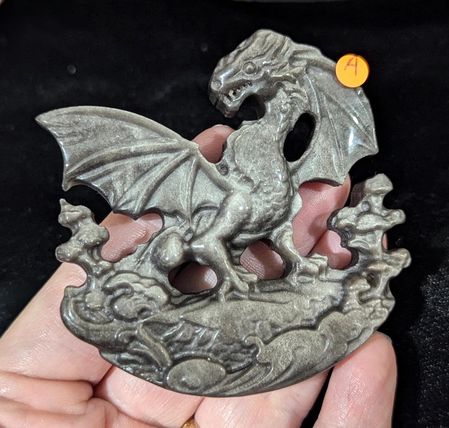 Silver Sheen Obsidian Dragon Carving 1A