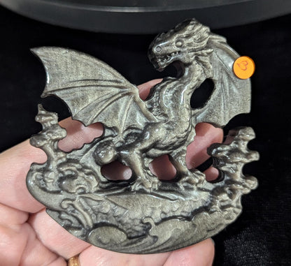 Silver Sheen Obsidian Dragon Carving B1