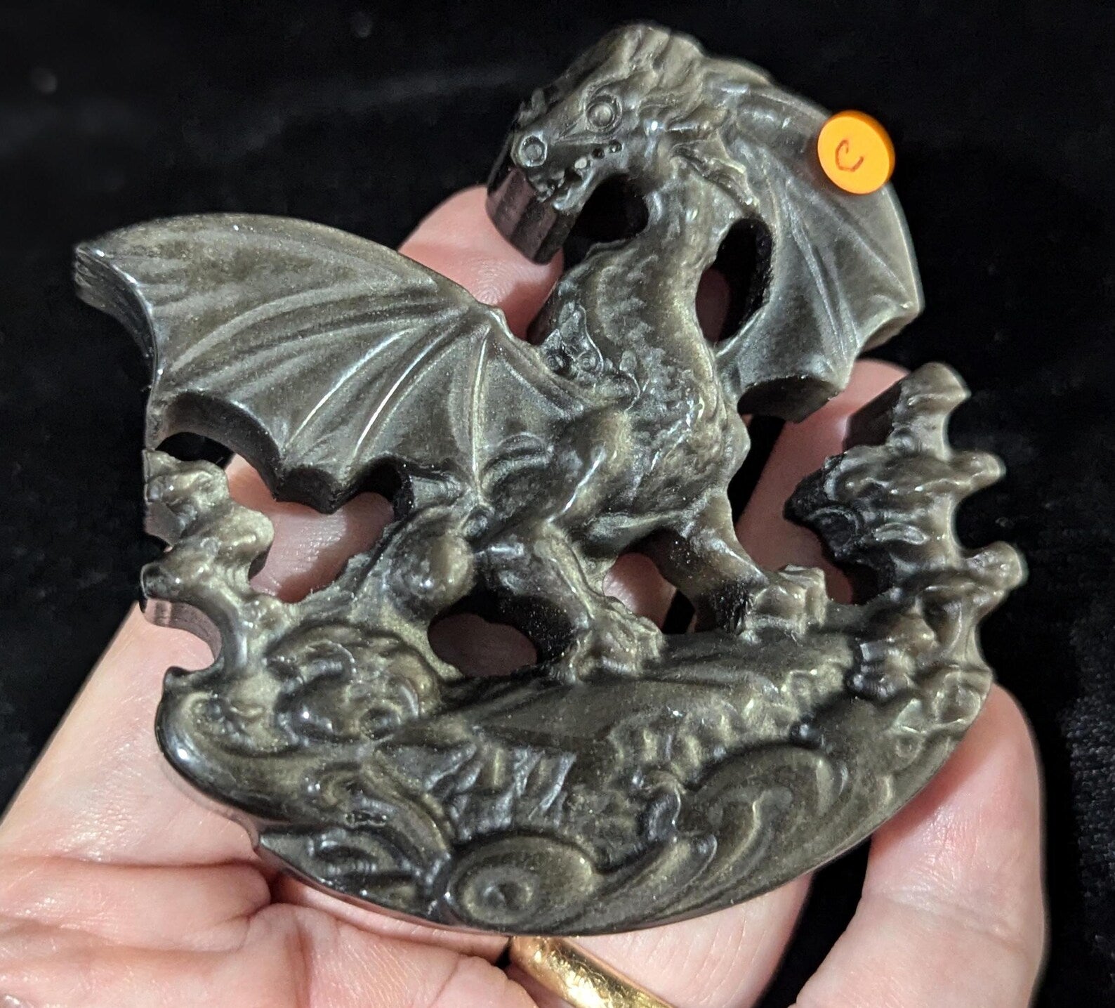 Silver Sheen Obsidian Dragon Carving 1C