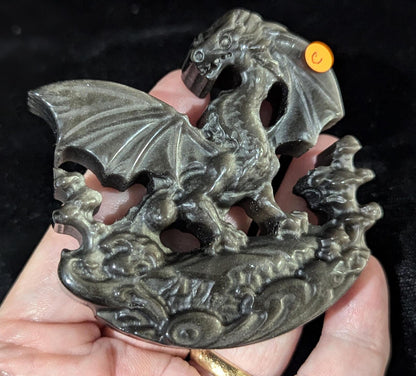 Silver Sheen Obsidian Dragon Carving 1C