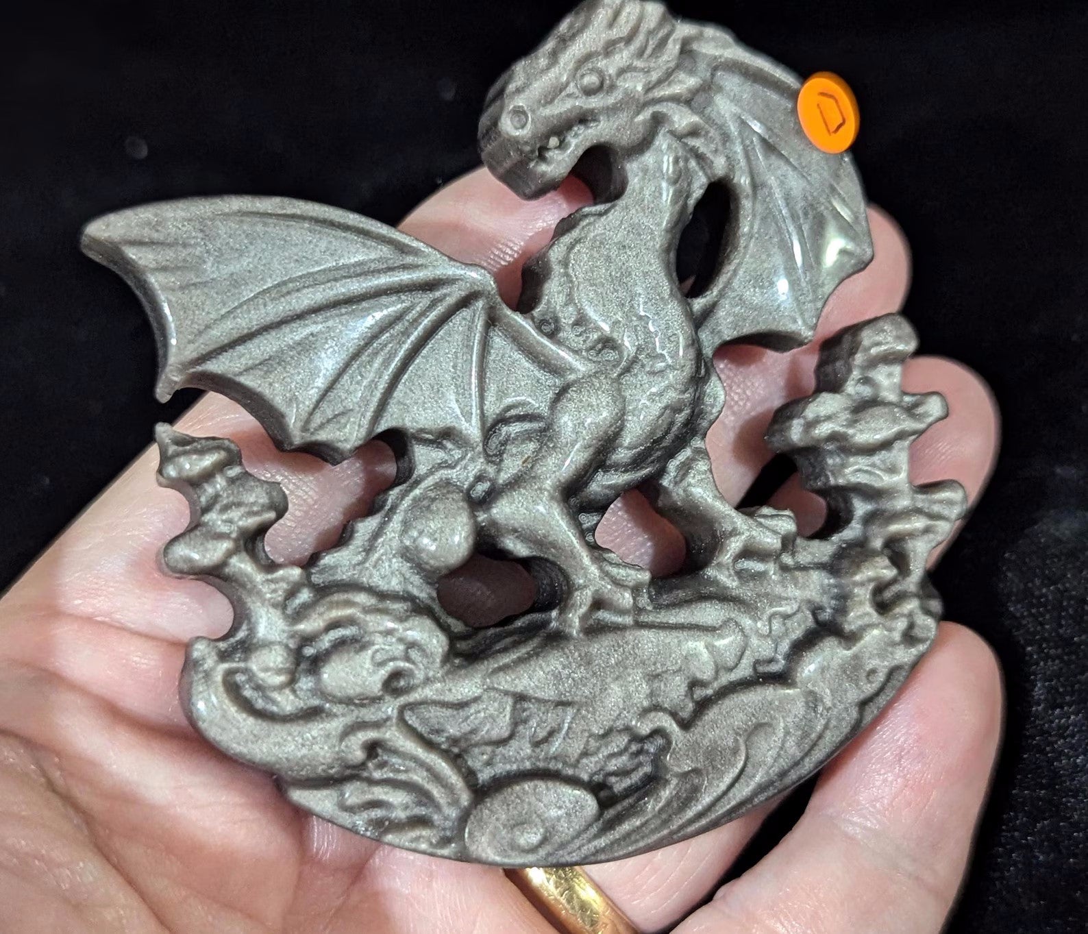 Silver Sheen Obsidian Dragon Carving 1D