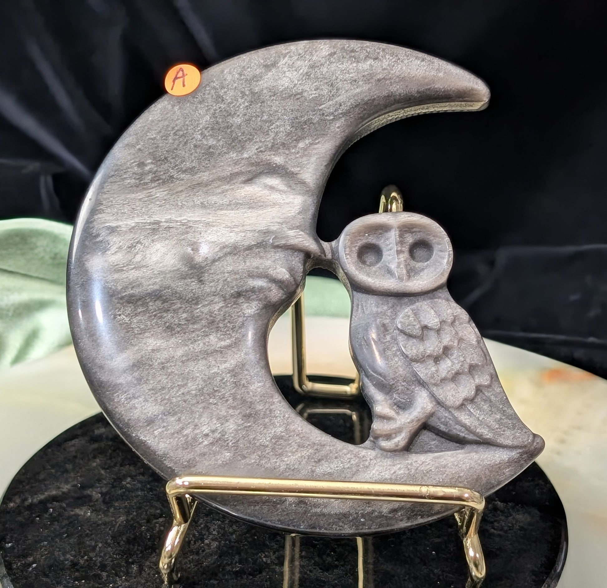 Silver Sheen Obsidian Moon with Owl Carving