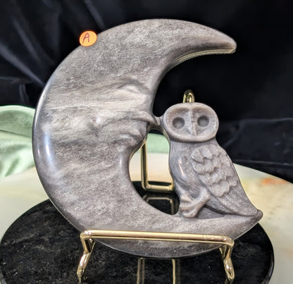 Silver Sheen Obsidian Moon with Owl Carving