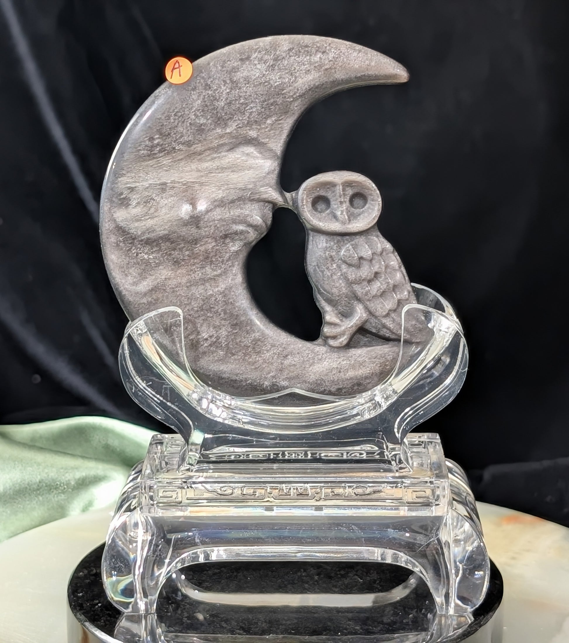 Silver Sheen Obsidian Moon with Owl Carving