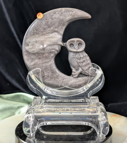 Silver Sheen Obsidian Moon with Owl Carving