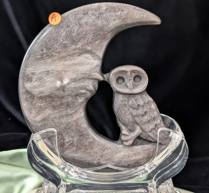 Silver Sheen Obsidian Moon with Owl Carving
