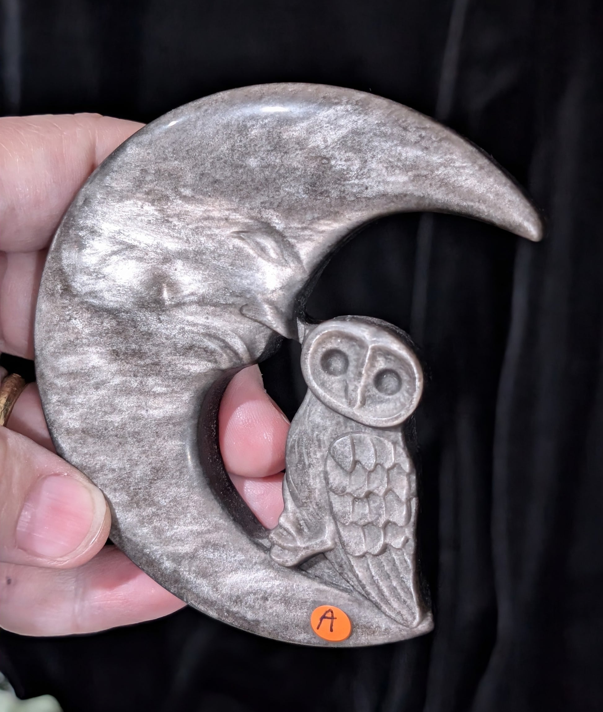 Silver Sheen Obsidian Moon with Owl Carving