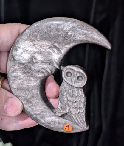 Silver Sheen Obsidian Moon with Owl Carving