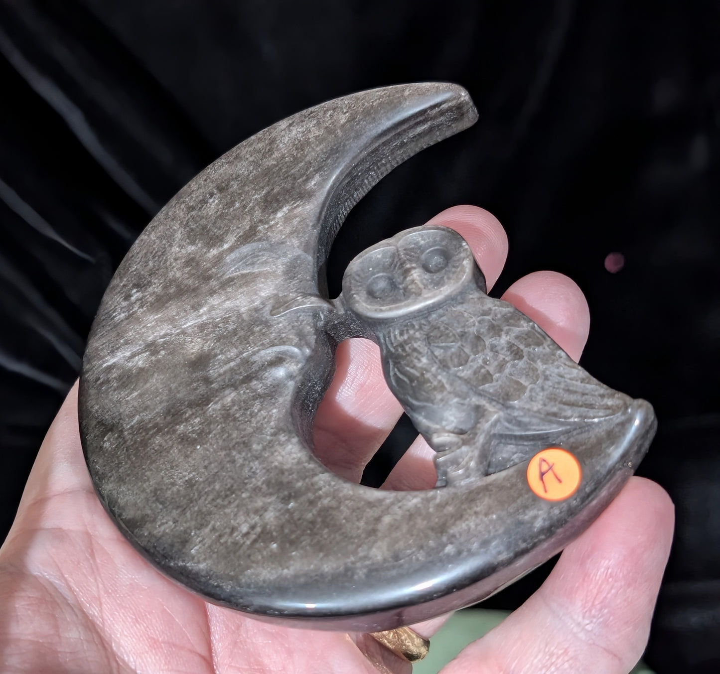 Silver Sheen Obsidian Moon with Owl Carving