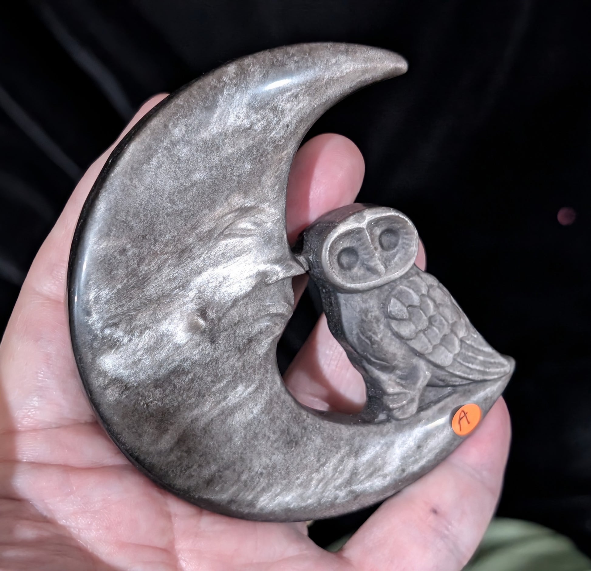 Silver Sheen Obsidian Moon with Owl Carving