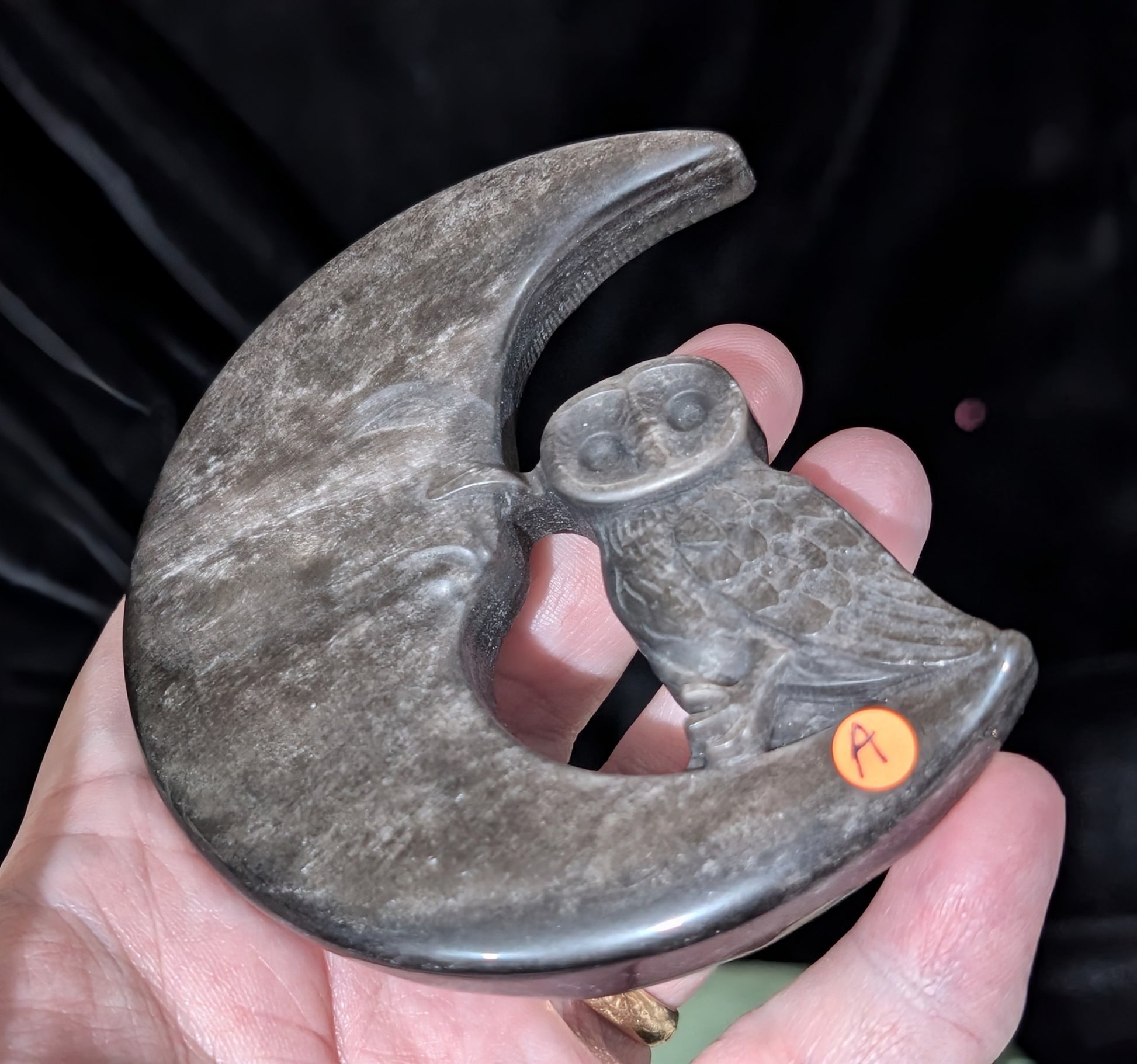 Silver Sheen Obsidian Moon with Owl Carving