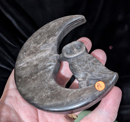 Silver Sheen Obsidian Moon with Owl Carving