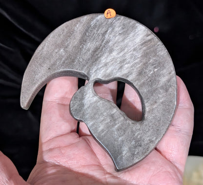 Silver Sheen Obsidian Moon with Owl Carving