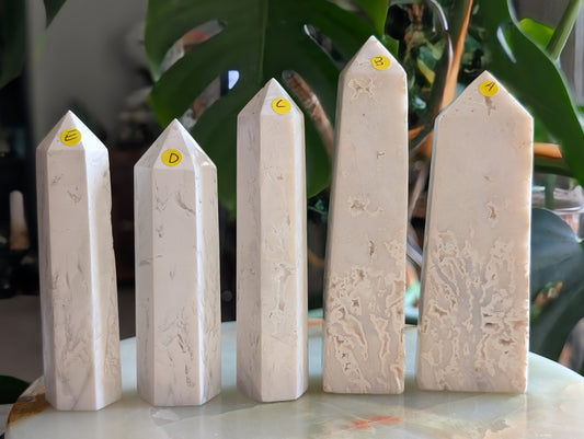 Hand Carved Snow Agate Towers