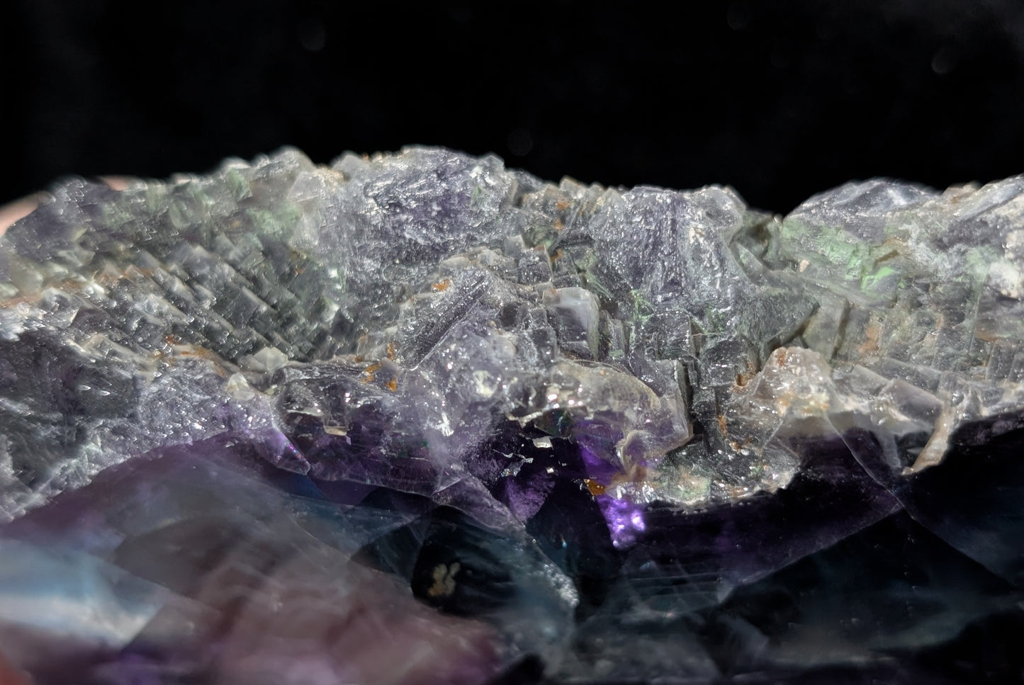 Sugar Quartz on Raw Edged Purple Fluorite Slab