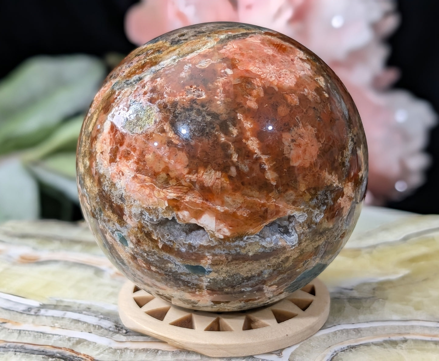 Sunstone and Blue Apatite Sphere