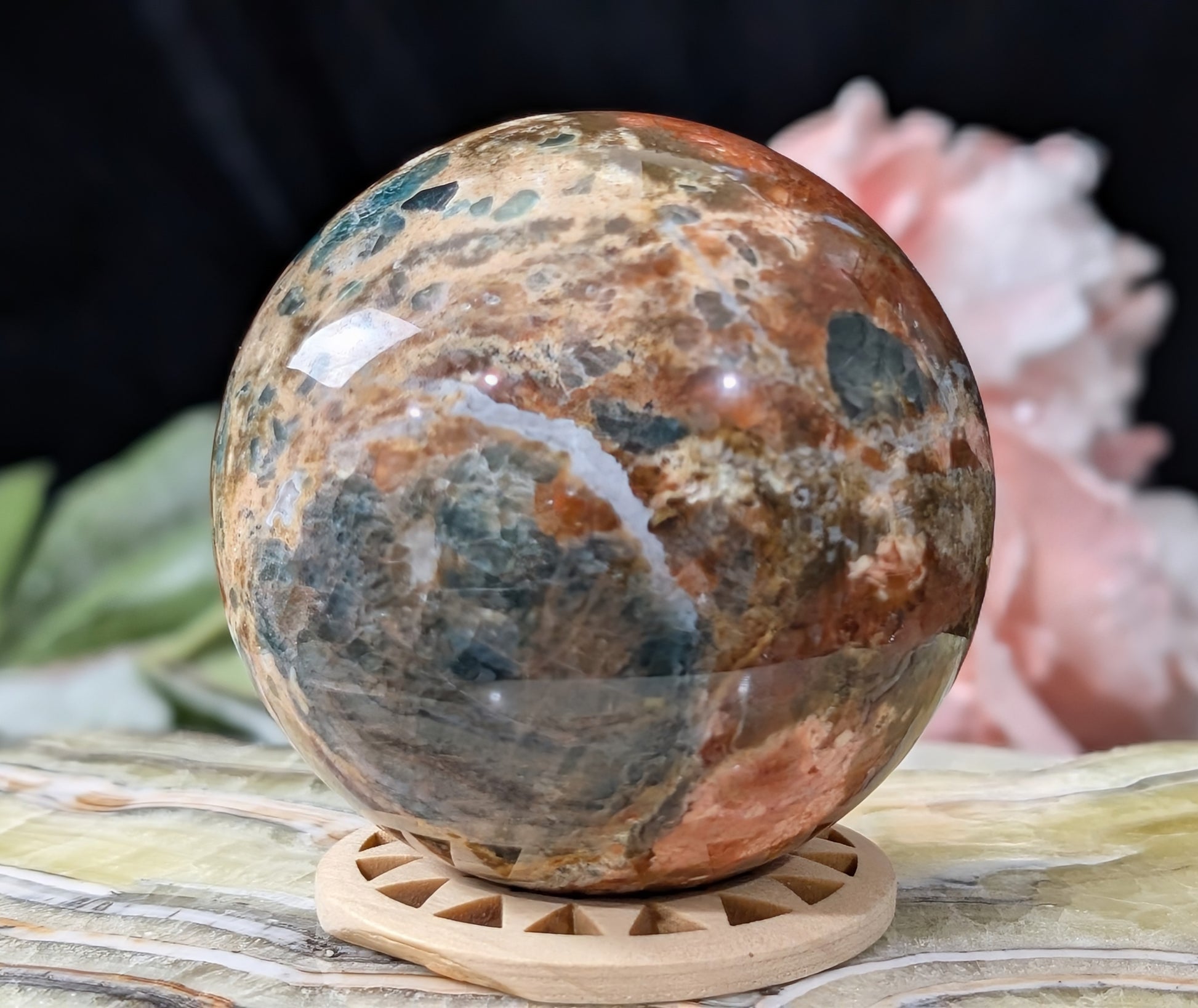 Sunstone and Blue Apatite Sphere