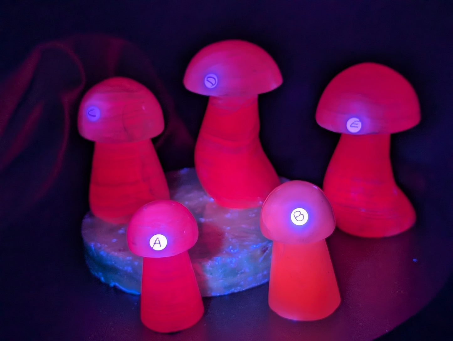 UV Reactive Pink Mangano Calcite Mushrooms