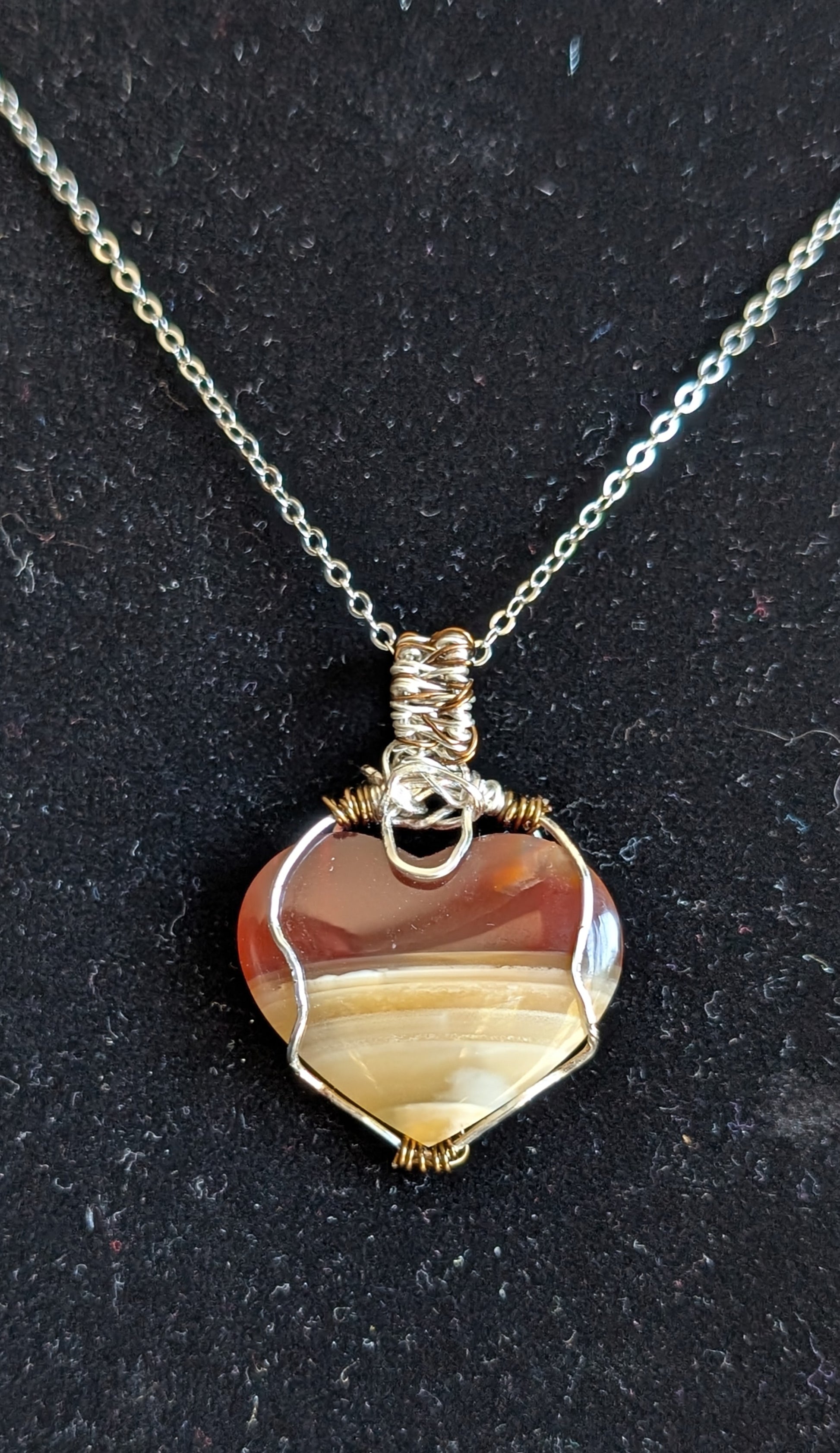Wire Wrapped Banded Carnelian Heart Pendant