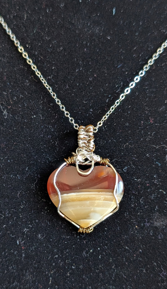 Wire Wrapped Banded Carnelian Heart Pendant